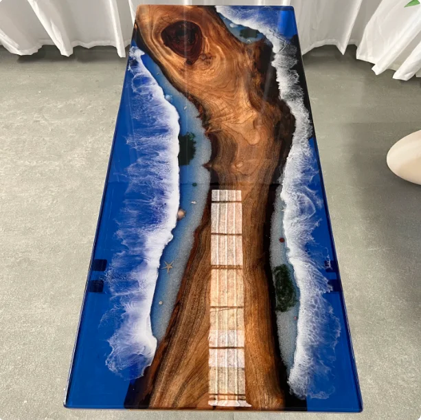 Modern Home Furniture Factory Direct Solid Walnut Wood Restaurant Kitchen River Dining Table Epoxy Resin Slab