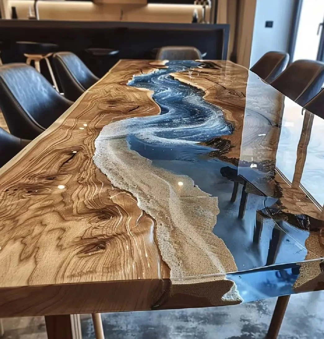 Modern Home Furniture Factory Direct Solid Walnut Wood Restaurant Kitchen River Dining Table Epoxy Resin Slab