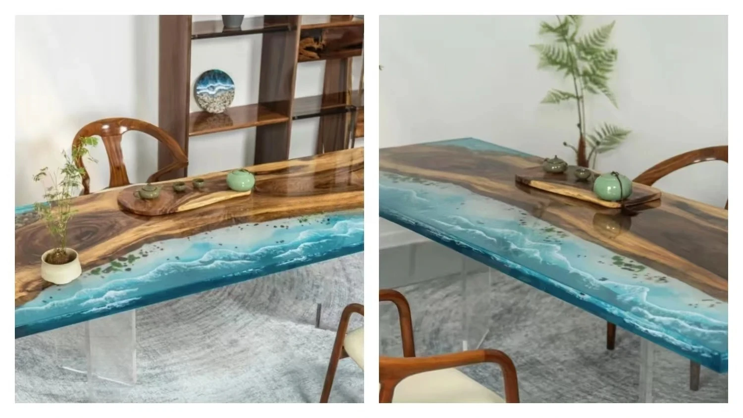 Modern Home Furniture Factory Direct Solid Walnut Wood Restaurant Kitchen River Dining Table Epoxy Resin Slab