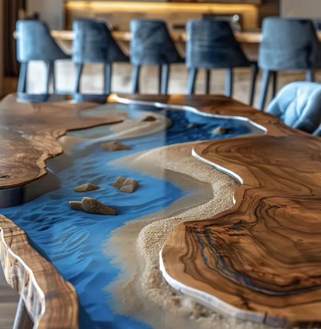 Modern Home Furniture Factory Direct Solid Walnut Wood Restaurant Kitchen River Dining Table Epoxy Resin Slab