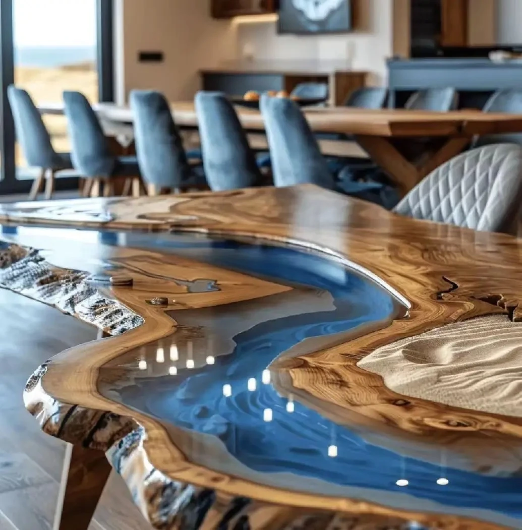Modern Home Furniture Factory Direct Solid Walnut Wood Restaurant Kitchen River Dining Table Epoxy Resin Slab