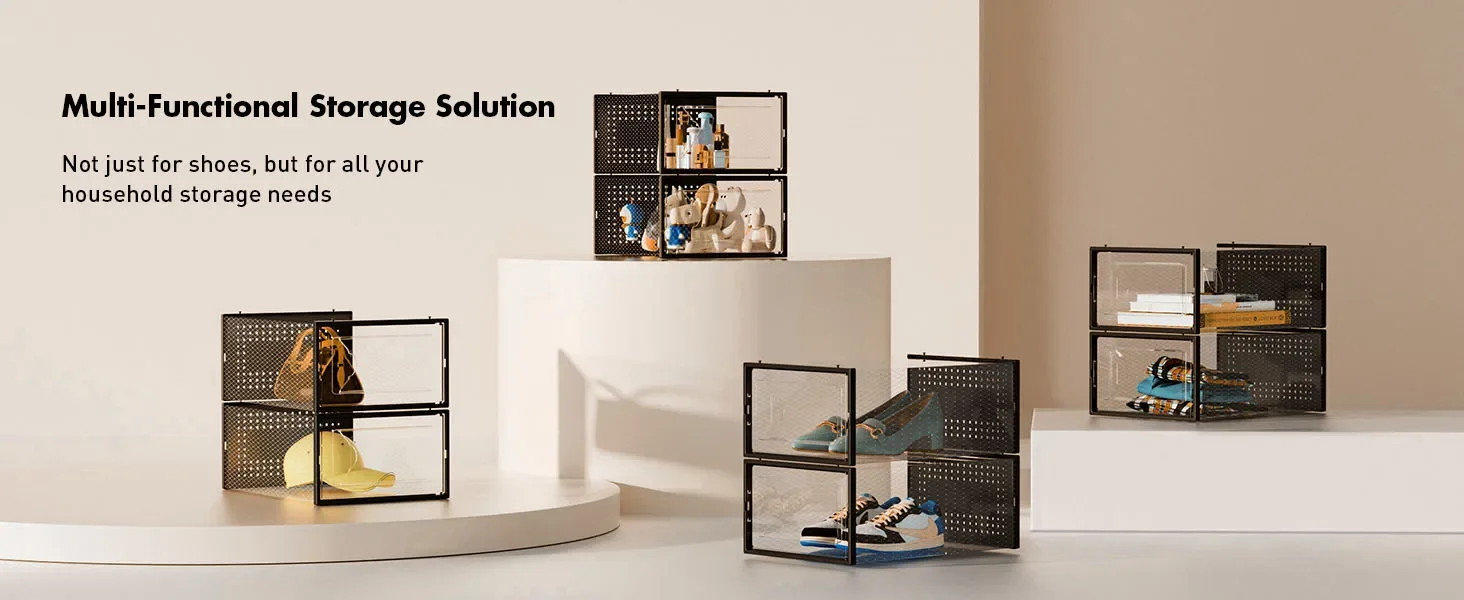 3/6/12pcs Shoe Storage Boxes Clear Stackable Shoe Boxes Storage Organizers Magnetic Door Fit Size Plastic Sneaker Containers