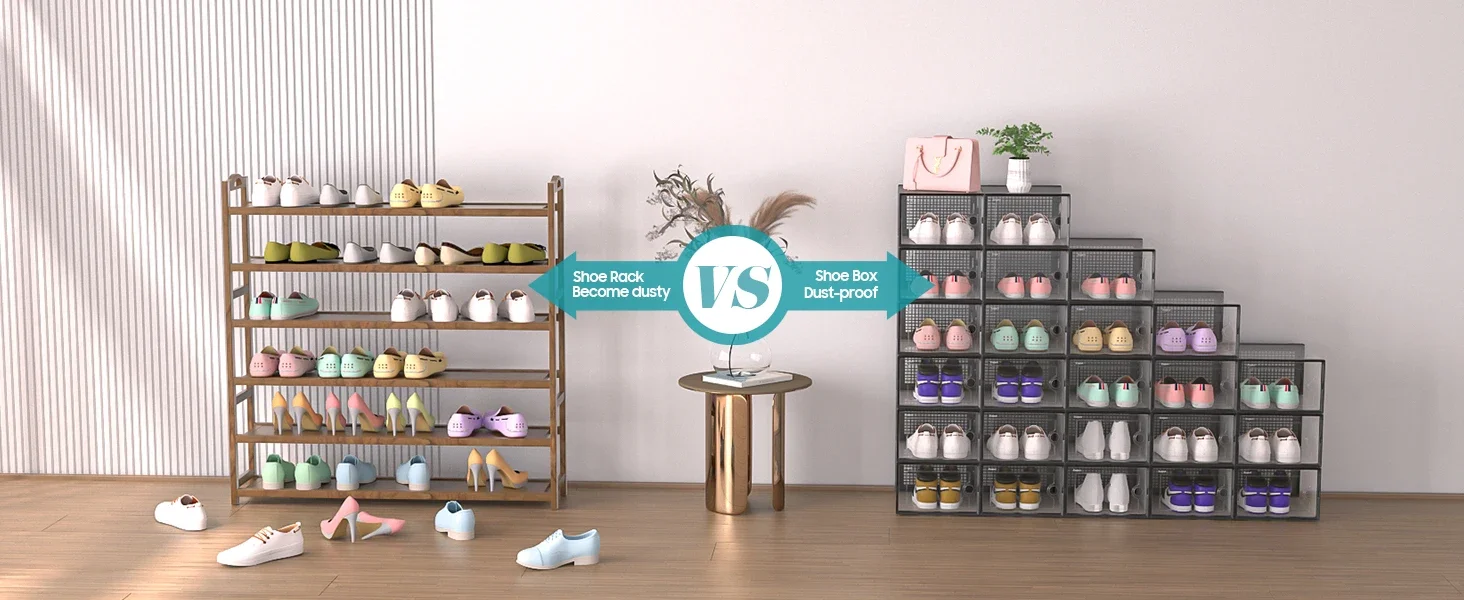3/6/12pcs Shoe Storage Boxes Clear Stackable Shoe Boxes Storage Organizers Magnetic Door Fit Size Plastic Sneaker Containers