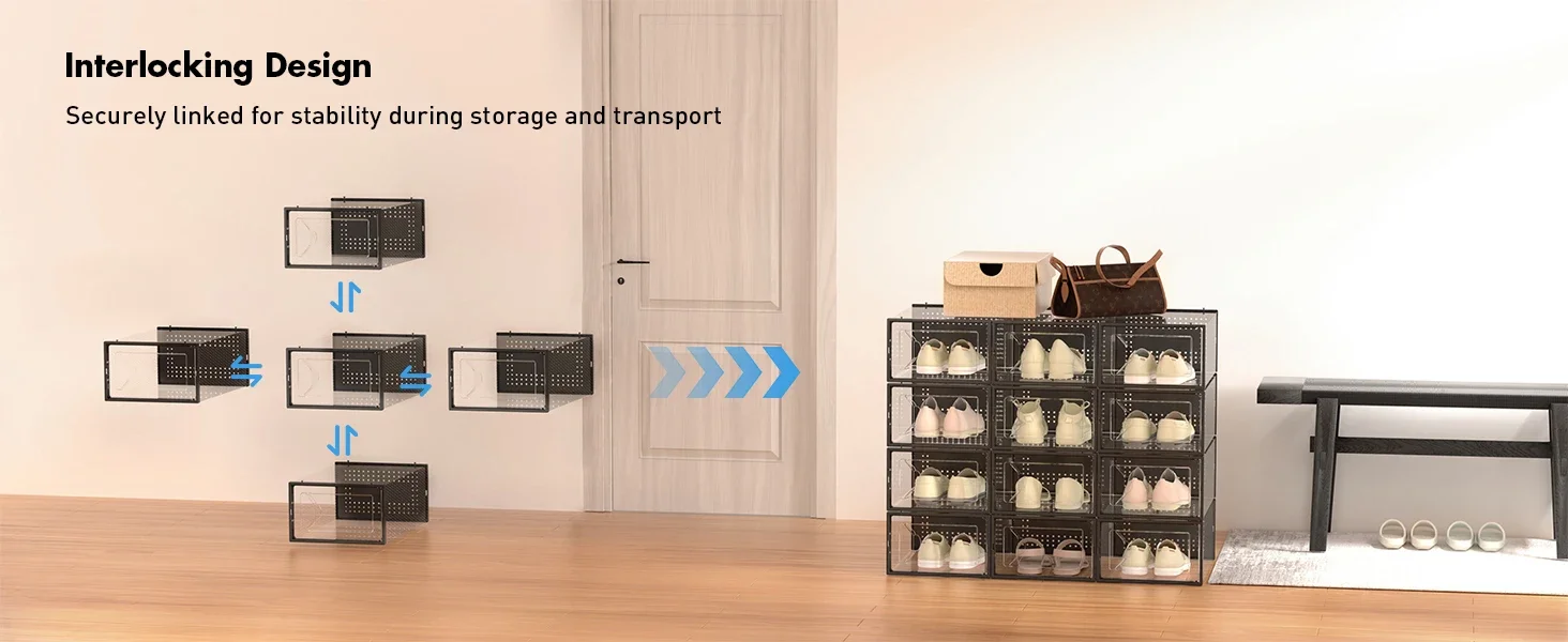 3/6/12pcs Shoe Storage Boxes Clear Stackable Shoe Boxes Storage Organizers Magnetic Door Fit Size Plastic Sneaker Containers
