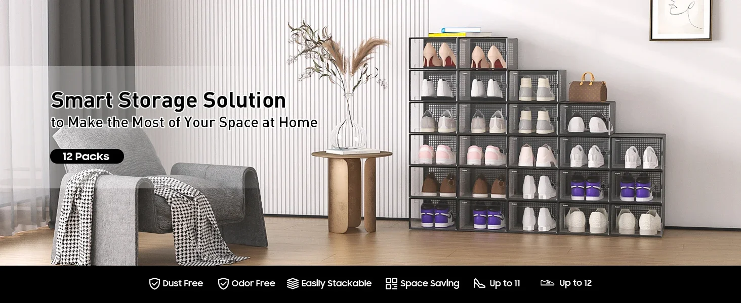 3/6/12pcs Shoe Storage Boxes Clear Stackable Shoe Boxes Storage Organizers Magnetic Door Fit Size Plastic Sneaker Containers