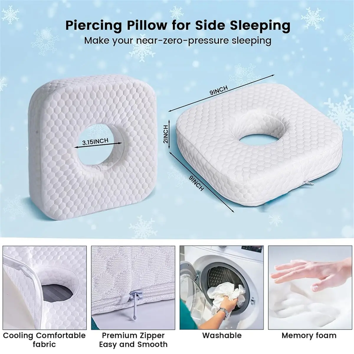 Ear Piercing Pillow for Side Sleepers with Hole for Ear Pain CNH Inflammation, Relief Sleeping Pressure Pain, Cooling