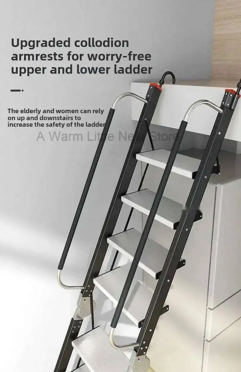 Aluminum Alloy Folding Attic Ladder Home Telescopic Thickened Herringbone Ladder Multi-functional with Handrail Staircase