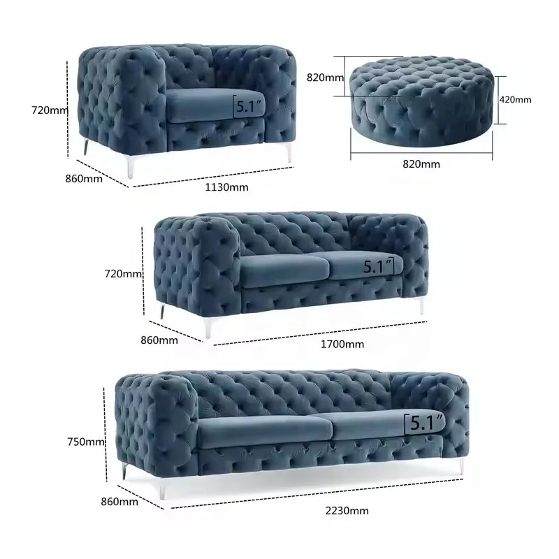 Modular Chesterfield Combination Sofa Furniture Set Living Room Nordic Style 2 Seats Green Velvet Leisure Sofa