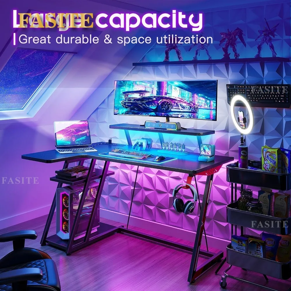 L Shaped Gaming Desk With LED Lights & Power Outlets Corner Desk With Carbon Fiber Texture Computer Games Table for Laptop Bed