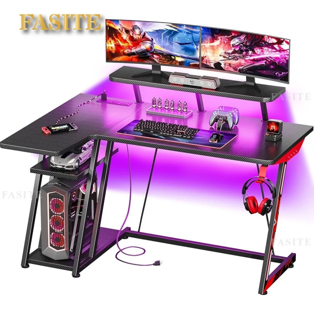 L Shaped Gaming Desk With LED Lights & Power Outlets Corner Desk With Carbon Fiber Texture Computer Games Table for Laptop Bed