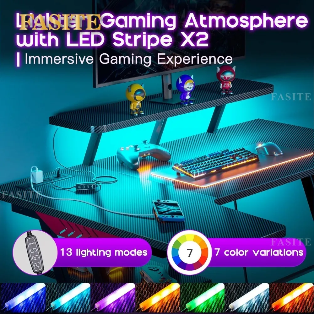 L Shaped Gaming Desk With LED Lights & Power Outlets Corner Desk With Carbon Fiber Texture Computer Games Table for Laptop Bed