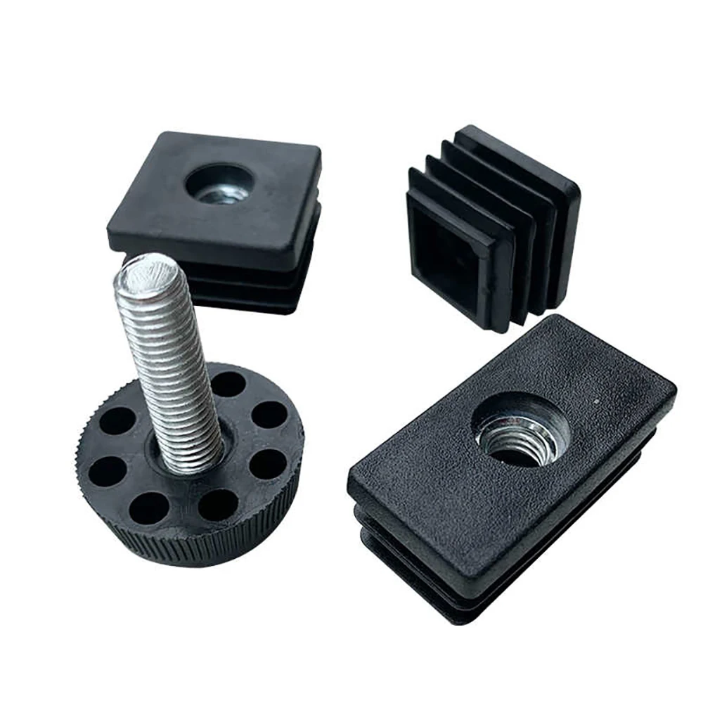 M8 Black Square / Round Plastic Pipe Plugs Adjustable Screw Foot Pad Furniture Leg Cover End Caps 20x20-50x50mm/20-50mm