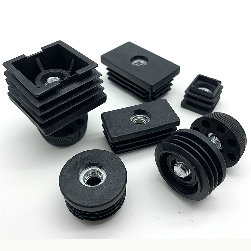 M8 Black Square / Round Plastic Pipe Plugs Adjustable Screw Foot Pad Furniture Leg Cover End Caps 20x20-50x50mm/20-50mm