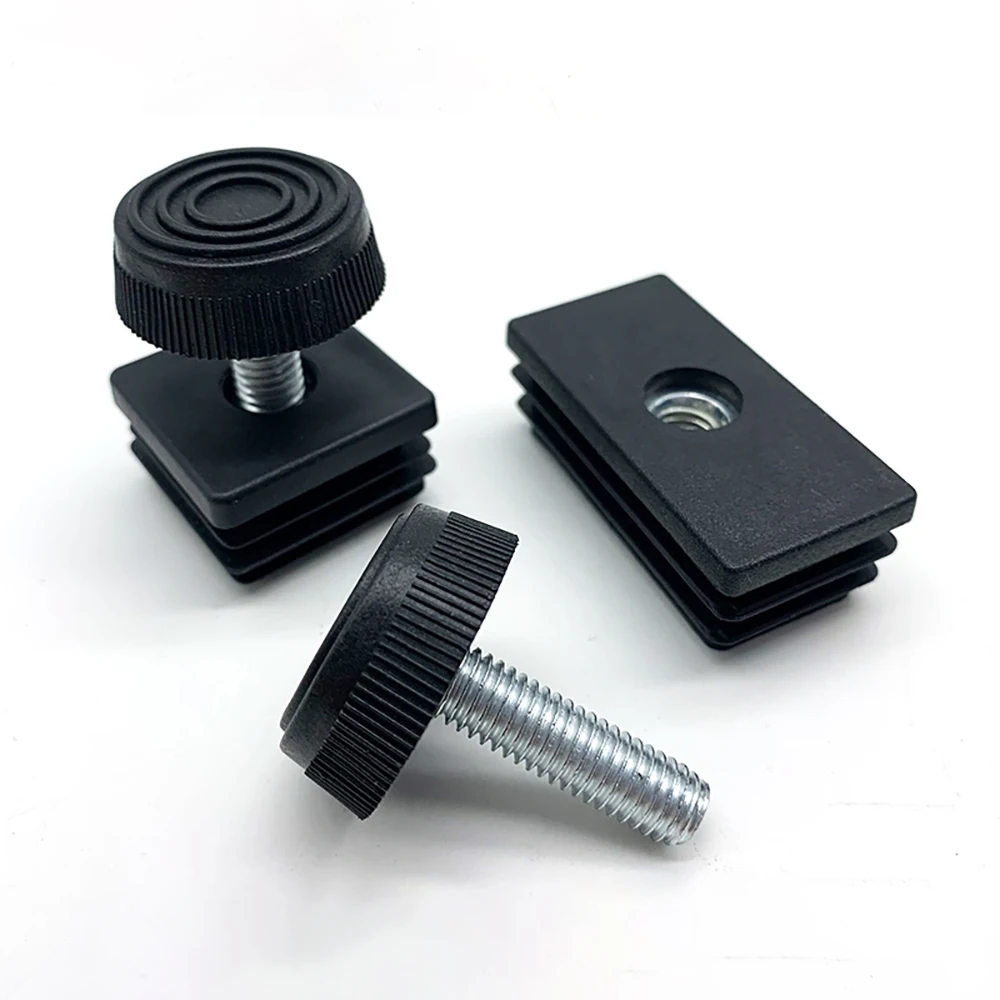 M8 Black Square / Round Plastic Pipe Plugs Adjustable Screw Foot Pad Furniture Leg Cover End Caps 20x20-50x50mm/20-50mm