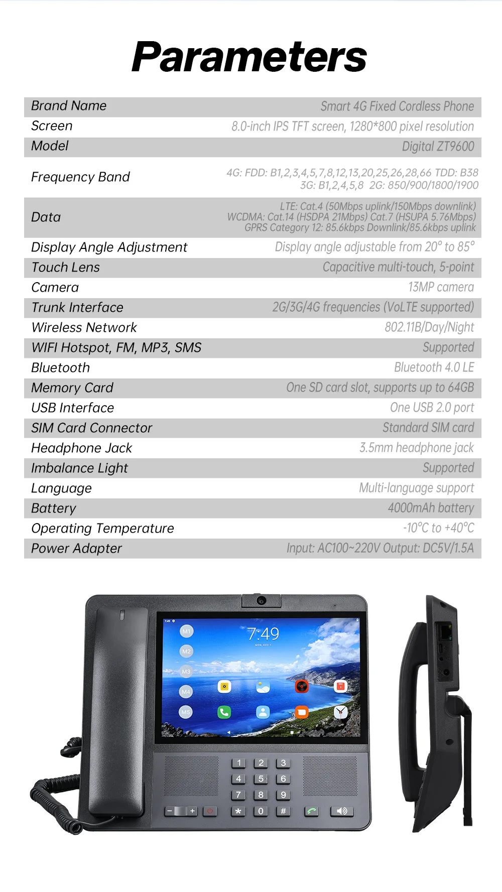 4G LTE VOLTE Sim Card 8 Inch Screen MP3 FM Video Call Wifi Hotspot Android Cordless Telephone 3G 2G Fixed Wireless Phone