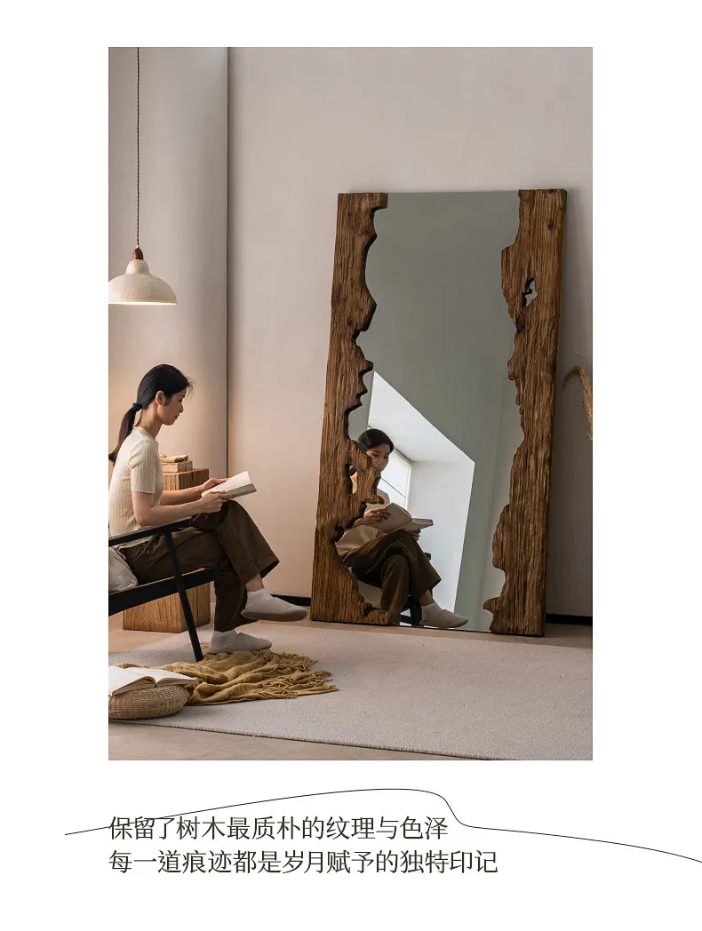 Mid century wooden full-length mirror furniture living room floor mounted dressing mirror room decoration espejos para pared