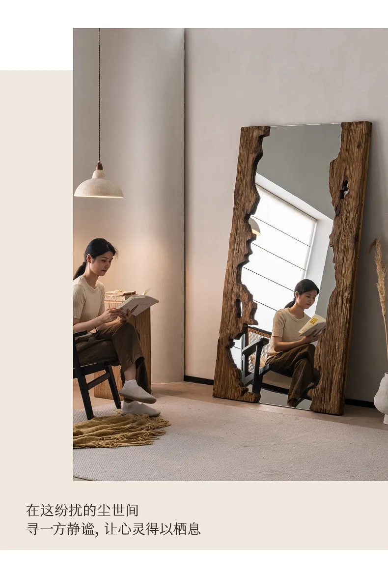 Mid century wooden full-length mirror furniture living room floor mounted dressing mirror room decoration espejos para pared