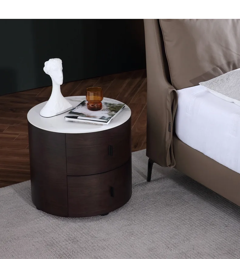 Italian Minimalist Round Bedside Table Smoked Bedroom Storage Cabinet Solid Wood Rock Slab Bedside Table Nordic 40CM Small
