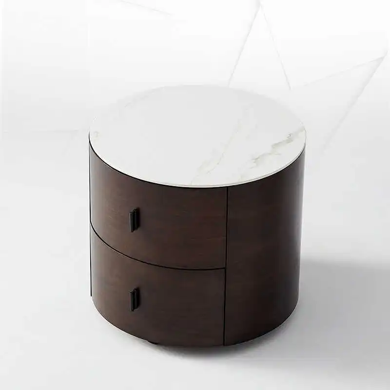 Italian Minimalist Round Bedside Table Smoked Bedroom Storage Cabinet Solid Wood Rock Slab Bedside Table Nordic 40CM Small