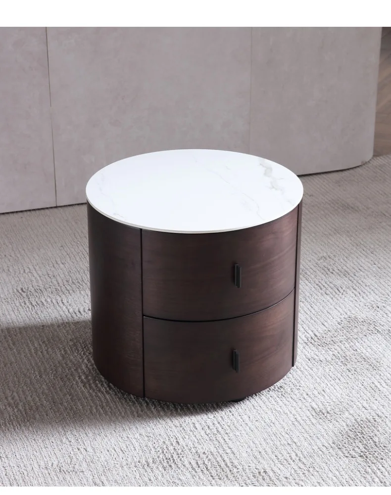 Italian Minimalist Round Bedside Table Smoked Bedroom Storage Cabinet Solid Wood Rock Slab Bedside Table Nordic 40CM Small