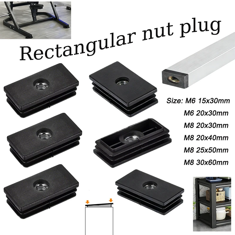 4-20PCS Black Plastic Rectangular Hole Plugs M6 M8 Threaded Nut Covers,Dust-proof End Caps for Chairs Furniture Legs Accessories