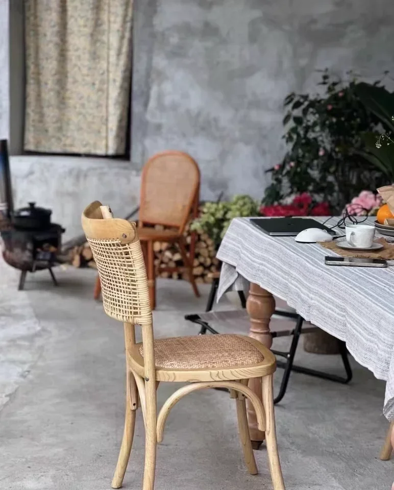 For Scandinavian Dining Chair Vintage Rattan Backrest Chairs with Solid Wood Legs Comfortable Cafe Seat Rustic Tea Room Furnitur