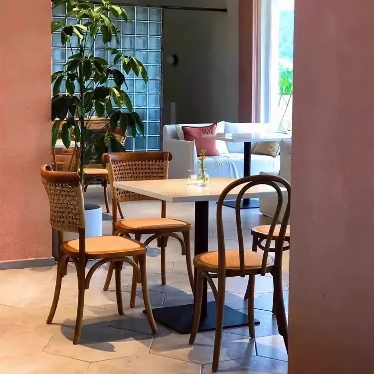 For Scandinavian Dining Chair Vintage Rattan Backrest Chairs with Solid Wood Legs Comfortable Cafe Seat Rustic Tea Room Furnitur