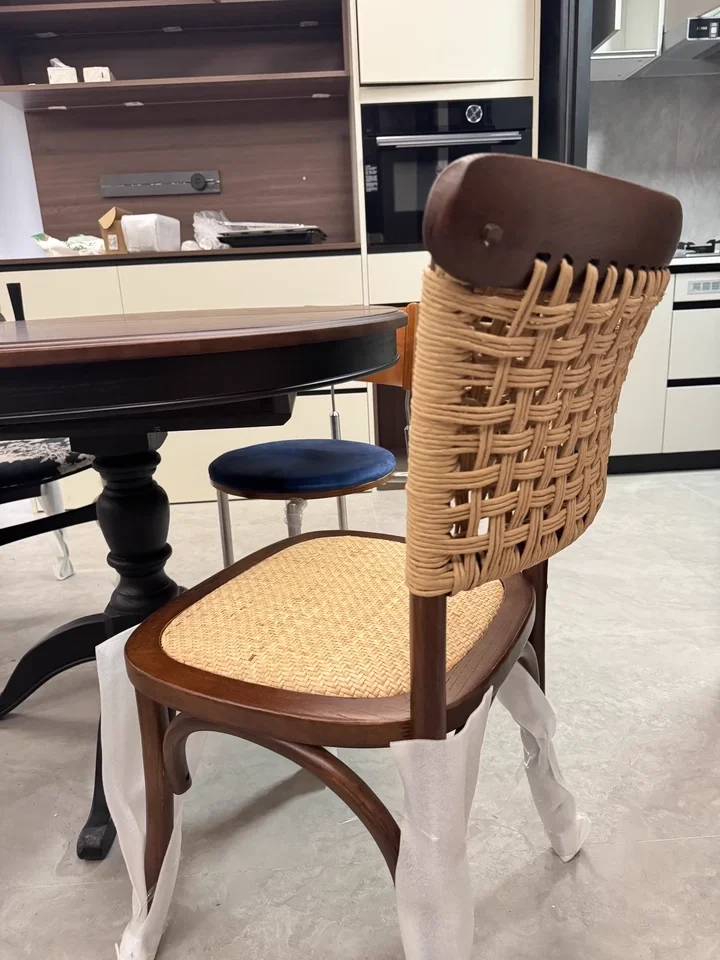 For Scandinavian Dining Chair Vintage Rattan Backrest Chairs with Solid Wood Legs Comfortable Cafe Seat Rustic Tea Room Furnitur