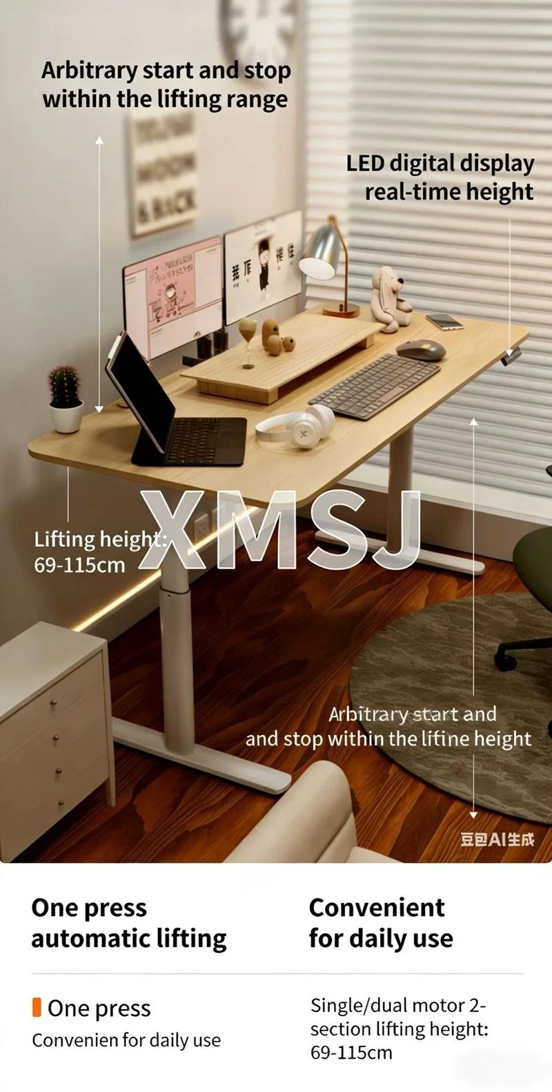 Electric Lifting Desk With Dual Motors, 2-Section , Child Lock, Height Memory Adjustable, DIY Silent Office Desk Capacity 150kg