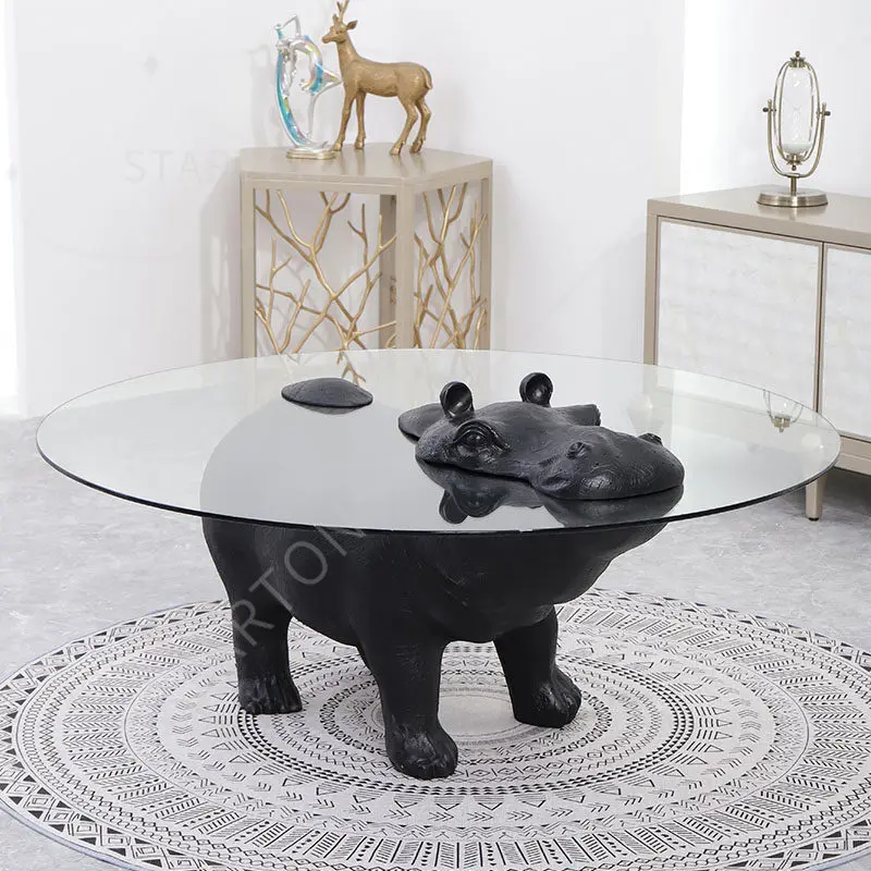 Designer fiberglass living room coffee table personalized sofa hippo animal shape tempered glass coffee table