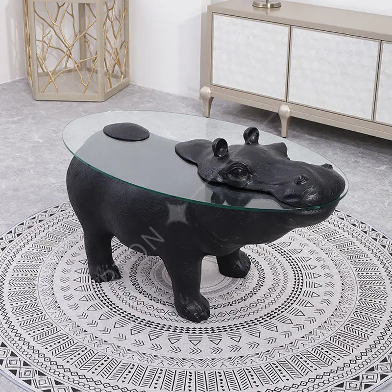 Designer fiberglass living room coffee table personalized sofa hippo animal shape tempered glass coffee table