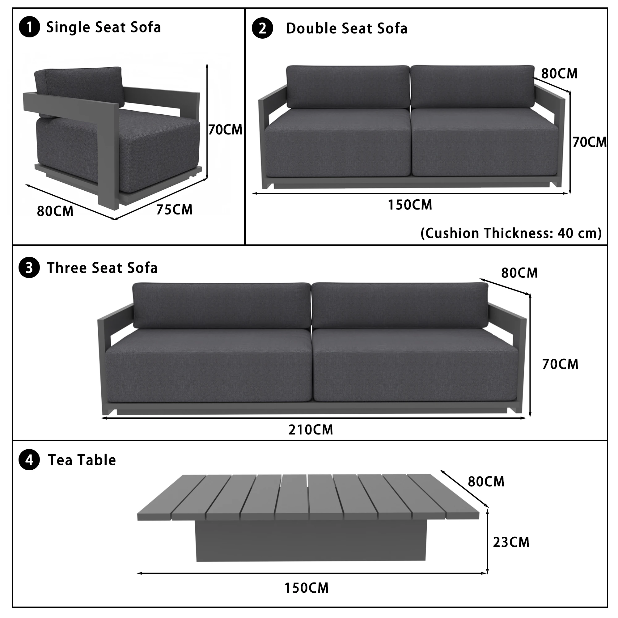 Modern Outdoor Aluminum Sofa Set with Coffee Table, Garden Terrace, Patio and Park Waterproof Terrace Leisure Furniture