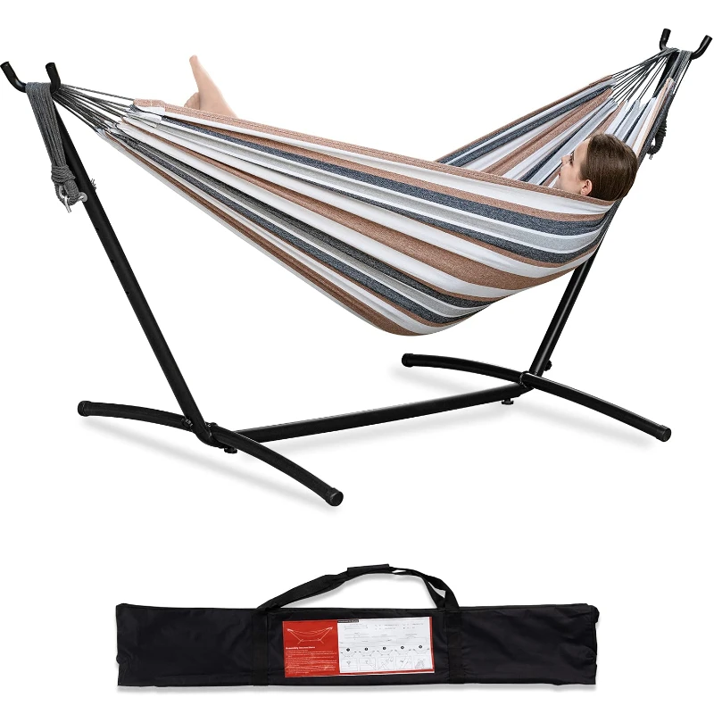 Double Outdoor Garden Garden Hammock Heavy Duty Steel Frame 150kg Capacity Portable Nylon Tote Bag 1 Person Space Saving