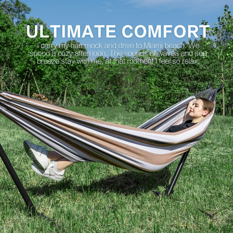 Double Outdoor Garden Garden Hammock Heavy Duty Steel Frame 150kg Capacity Portable Nylon Tote Bag 1 Person Space Saving