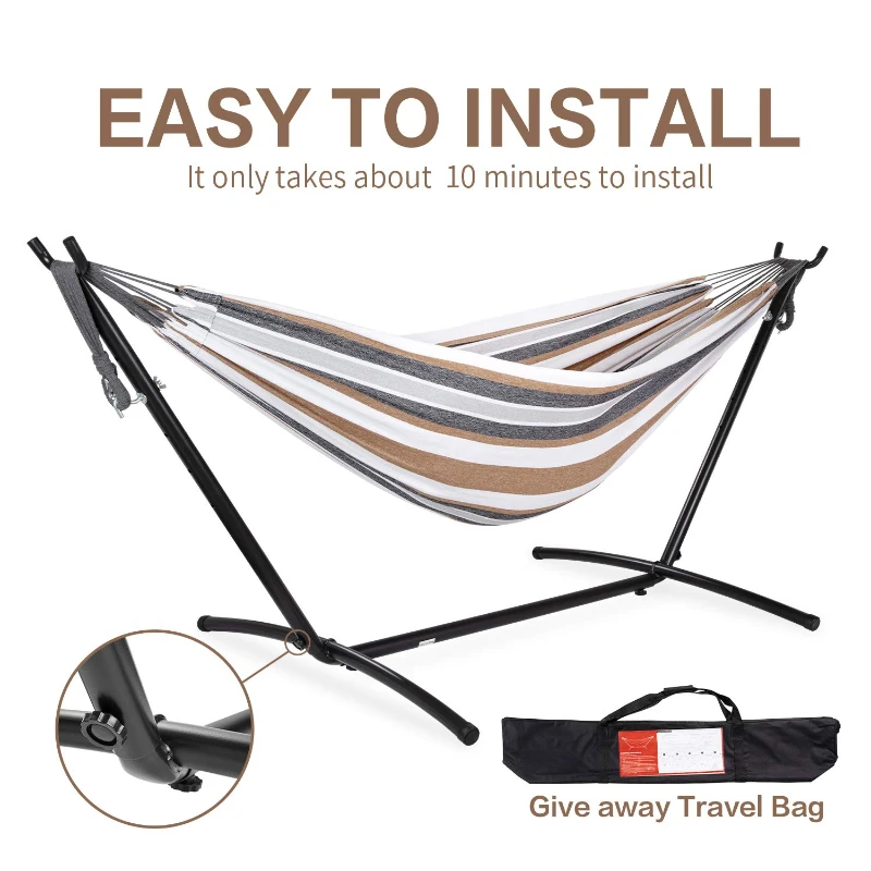 Double Outdoor Garden Garden Hammock Heavy Duty Steel Frame 150kg Capacity Portable Nylon Tote Bag 1 Person Space Saving