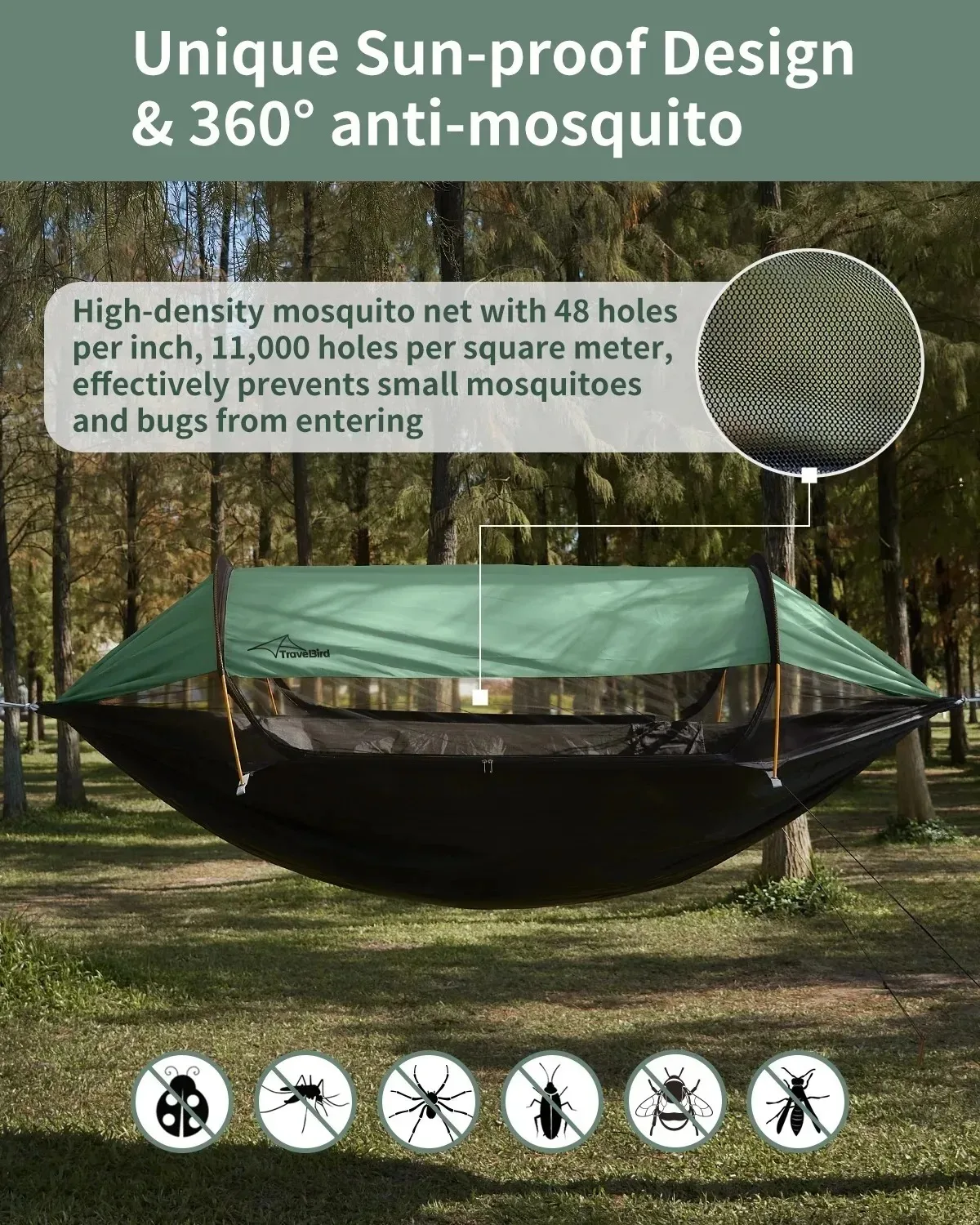 3-in-1 Outdoor Sunshade Mosquito Net Hammock, Silver-Coated Sun-Protection Camping Mosquito-Proof Hammock