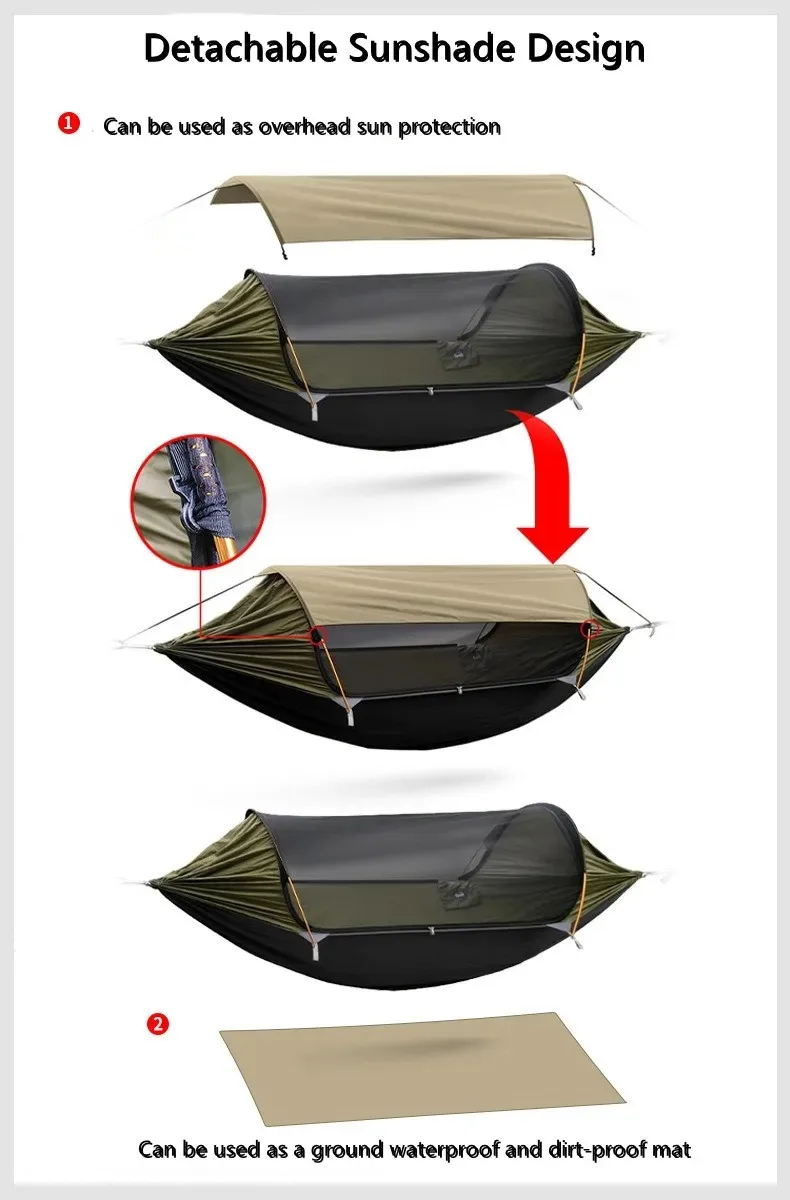 3-in-1 Outdoor Sunshade Mosquito Net Hammock, Silver-Coated Sun-Protection Camping Mosquito-Proof Hammock