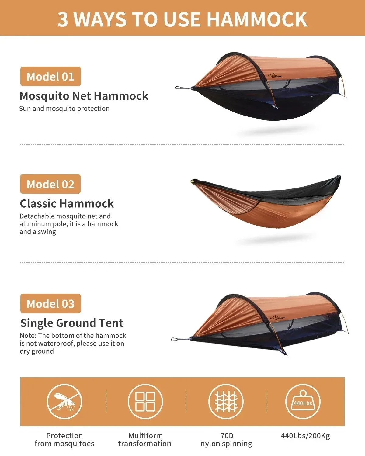 3-in-1 Outdoor Sunshade Mosquito Net Hammock, Silver-Coated Sun-Protection Camping Mosquito-Proof Hammock