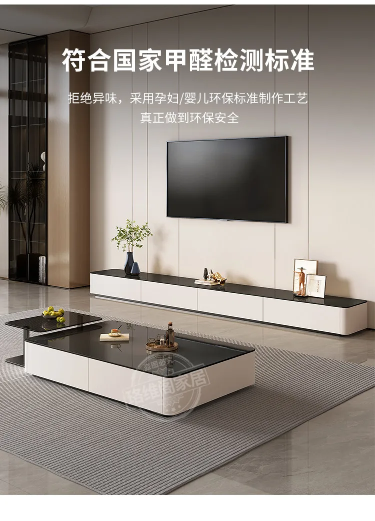 Modern Black & White TV Stand Glossy Stone Top Low Console Minimalist Living Room Cabinet for Small Apartment Home Furniture