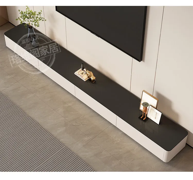 Modern Black & White TV Stand Glossy Stone Top Low Console Minimalist Living Room Cabinet for Small Apartment Home Furniture
