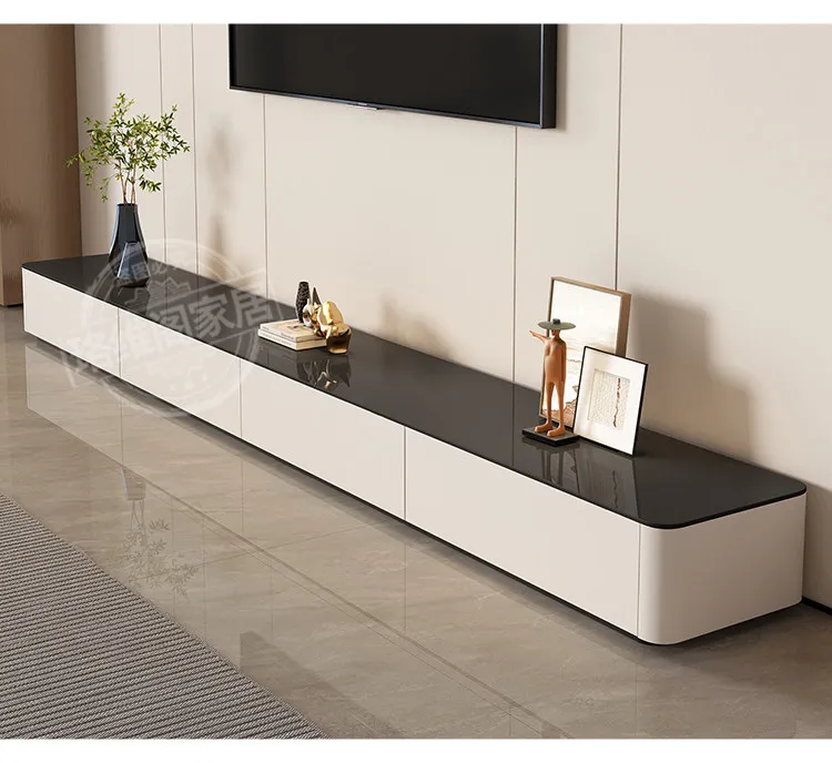 Modern Black & White TV Stand Glossy Stone Top Low Console Minimalist Living Room Cabinet for Small Apartment Home Furniture