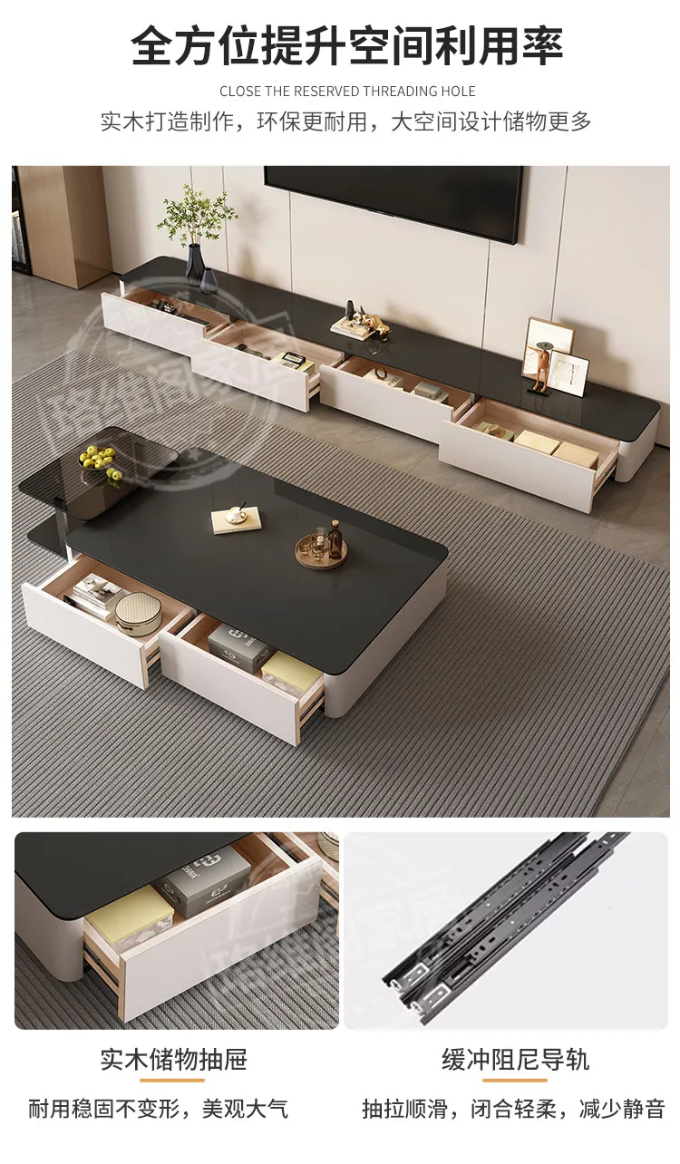 Modern Black & White TV Stand Glossy Stone Top Low Console Minimalist Living Room Cabinet for Small Apartment Home Furniture