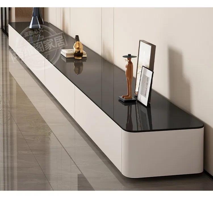 Modern Black & White TV Stand Glossy Stone Top Low Console Minimalist Living Room Cabinet for Small Apartment Home Furniture