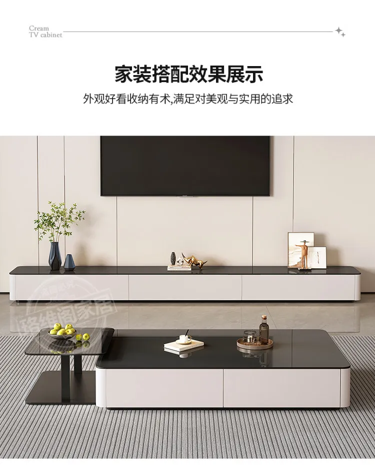 Modern Black & White TV Stand Glossy Stone Top Low Console Minimalist Living Room Cabinet for Small Apartment Home Furniture