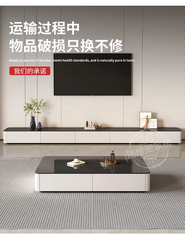 Modern Black & White TV Stand Glossy Stone Top Low Console Minimalist Living Room Cabinet for Small Apartment Home Furniture