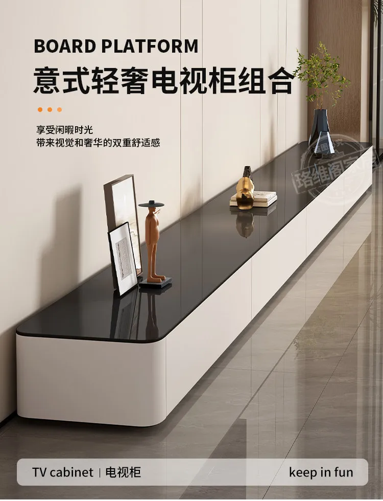 Modern Black & White TV Stand Glossy Stone Top Low Console Minimalist Living Room Cabinet for Small Apartment Home Furniture