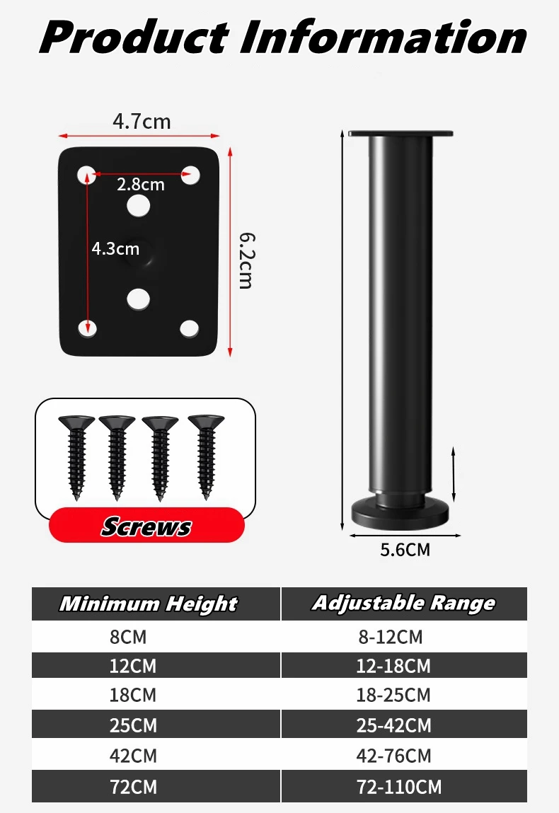 1PCS 8-110cm Adjustable Height Furniture Support Legs for Bed Frame Metal Adjustable Furniture Legs for Bed/Sofa/Cabinet/Couch