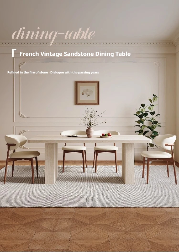 Any Size Custom Mid Century Retro Travertine Dining Set Solid Wood Upholstered Chairs Stable Load Family Home Dining Furniture