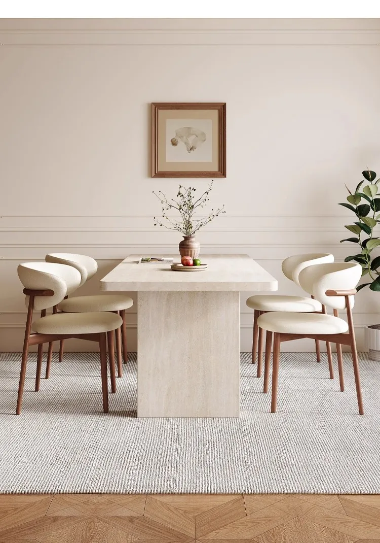 Any Size Custom Mid Century Retro Travertine Dining Set Solid Wood Upholstered Chairs Stable Load Family Home Dining Furniture