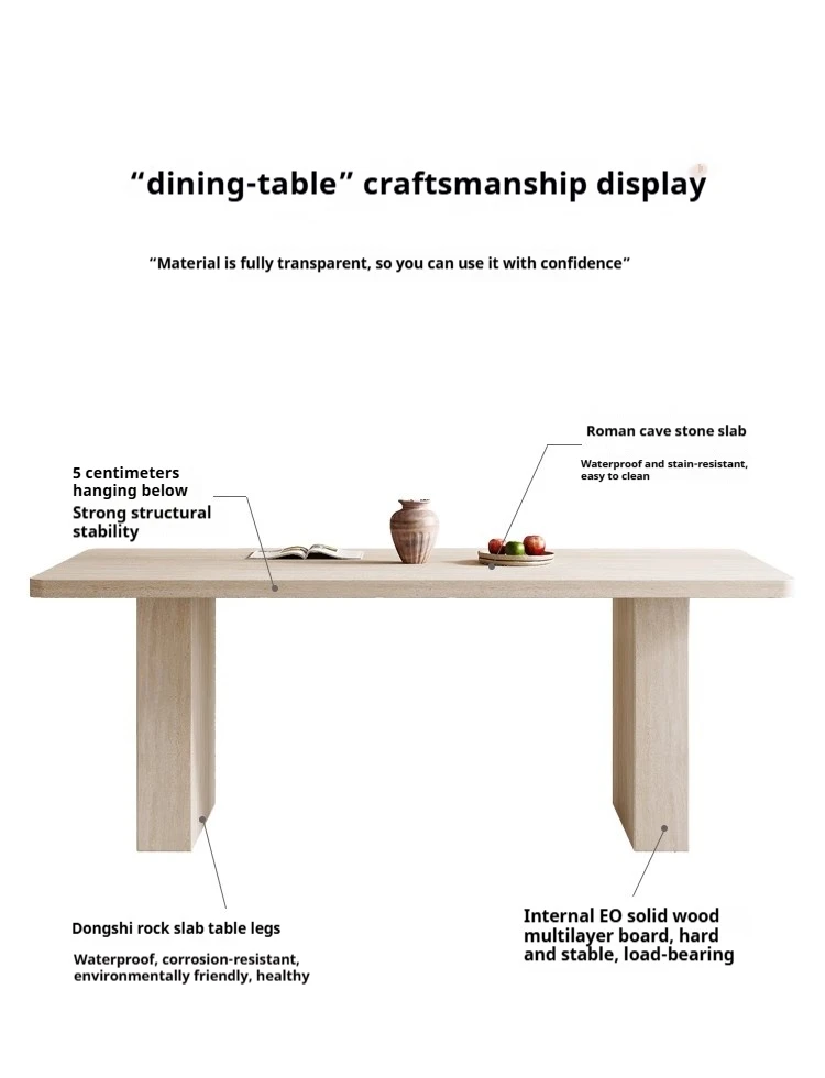 Any Size Custom Mid Century Retro Travertine Dining Set Solid Wood Upholstered Chairs Stable Load Family Home Dining Furniture